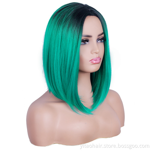 Wholesale cheap anime party gradient black to Teal Blue bob short straight synthetic shoulder-length hair cosplay wig